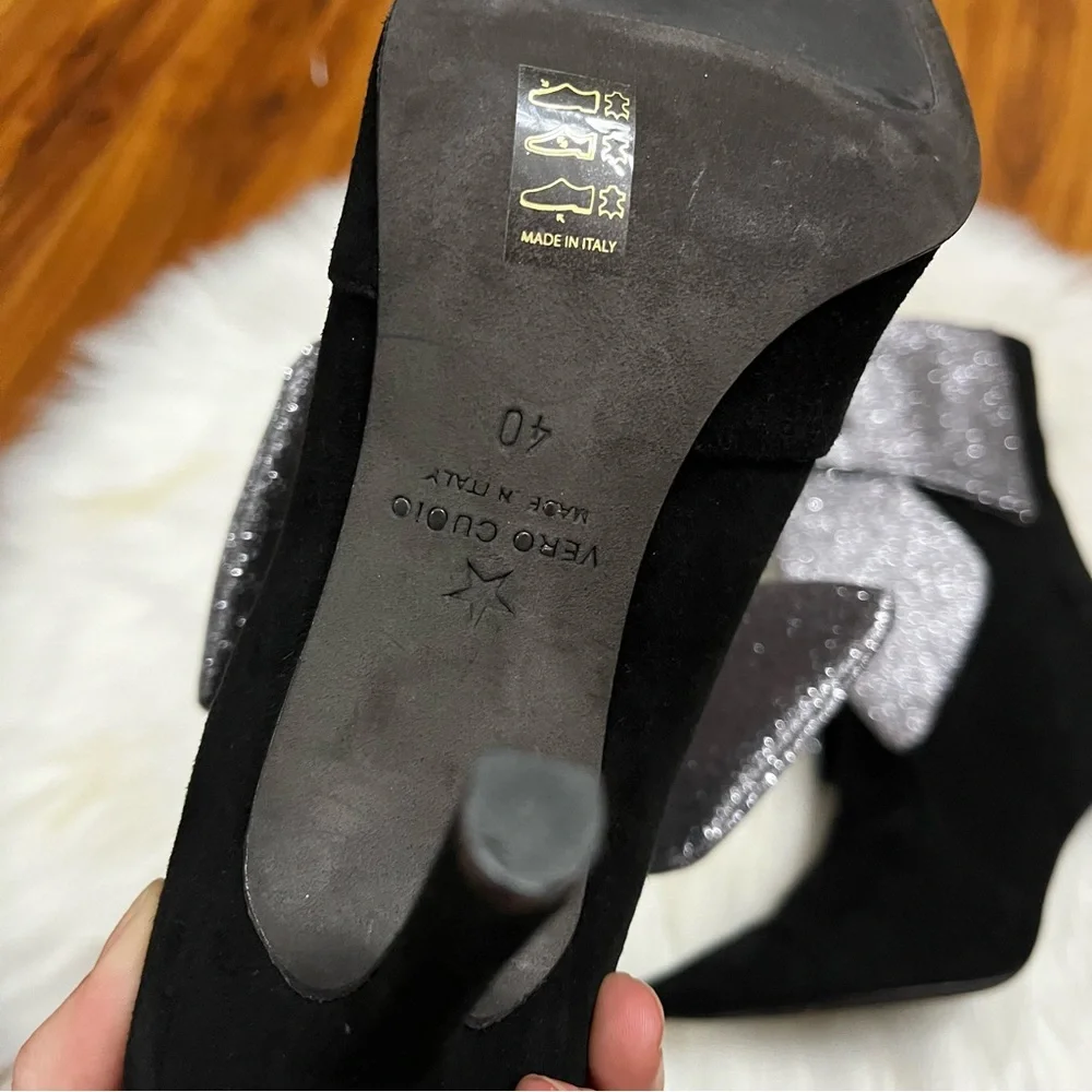 $890 | Domenico Vacca Black Suede Stiletto Glitter Bow Heel Boots sz. 10